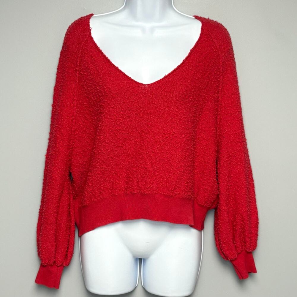 Free People Red Slouchy Bobble Knit Puff Sleeve‎ Holiday Sweater Womens Sz XS
